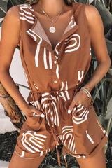 Casual Print Frenulum Buckle O Neck Regular Jumpsuits