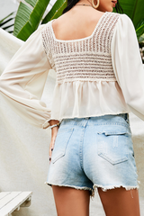 Casual Patchwork Embroidered Square Collar Tops