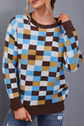 Casual Plaid Split Joint O Neck Tops