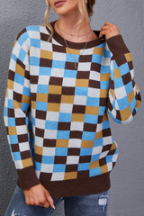 Casual Plaid Split Joint O Neck Tops
