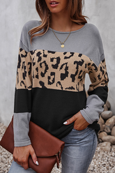 Casual Leopard Split Joint Contrast O Neck Tops£¨4 colors£©
