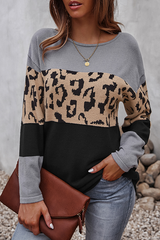 Casual Leopard Split Joint Contrast O Neck Tops£¨4 colors£©