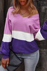 Casual Patchwork Contrast V Neck Tops