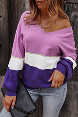 Casual Patchwork Contrast V Neck Tops
