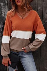 Casual Patchwork Contrast V Neck Tops