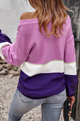 Casual Patchwork Contrast V Neck Tops