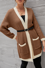 Casual Patchwork Pocket Contrast V Neck Tops Without Belt