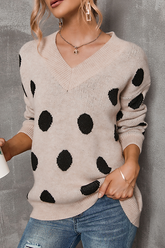 Casual Polka Dot Split Joint Contrast V Neck Tops
