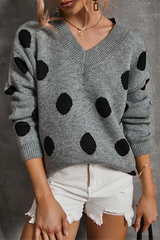 Casual Polka Dot Split Joint Contrast V Neck Tops