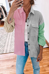 Casual Patchwork Pocket Buckle Contrast Turndown Collar Outerwear