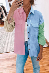 Casual Patchwork Pocket Buckle Contrast Turndown Collar Outerwear