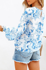 Elegant Floral Split Joint Fold O Neck Tops