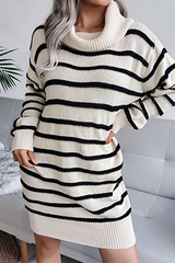Casual Striped Split Joint Contrast Turtleneck Dresses (Without Belt)