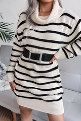 Casual Striped Split Joint Contrast Turtleneck Dresses (Without Belt)