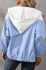 Casual Patchwork Draw String Pocket Contrast Hooded Collar Outerwear