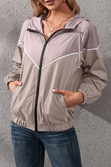 Casual Patchwork Draw String Pocket Contrast Hooded Collar Outerwear