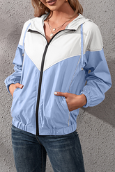 Casual Patchwork Draw String Pocket Contrast Hooded Collar Outerwear