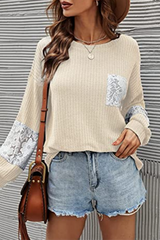 Casual Patchwork Lace Split Joint O Neck Tops