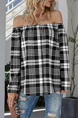 Casual Plaid Split Joint Off the Shoulder Tops