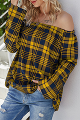 Casual Plaid Split Joint Off the Shoulder Tops