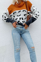 Casual Leopard Split Joint Contrast Turtleneck Tops