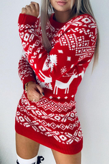 Casual Geometric Christmas Tree Printed Contrast O Neck Dresses Sweater