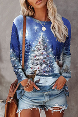 Casual Street Character Snowflakes Christmas Tree Printed Basic O Neck Tops