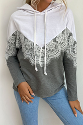 Casual Patchwork Lace Draw String Contrast Hooded Collar Tops