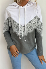 Casual Patchwork Lace Draw String Contrast Hooded Collar Tops