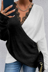 Casual Patchwork Lace Contrast V Neck Tops(3 colors)