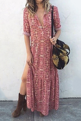 Casual Print Buckle Slit O Neck Dresses(3 Colors)
