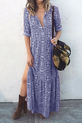 Casual Print Buckle Slit O Neck Dresses(3 Colors)