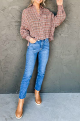 Casual Plaid Split Joint Turndown Collar Tops