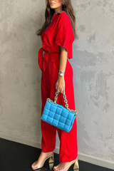 Fashion Solid Split Joint Turndown Collar Short Sleeve Two Pieces