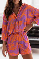 Casual Print Patchwork Turndown Collar Long Sleeve Two Pieces