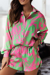 Casual Print Patchwork Turndown Collar Long Sleeve Two Pieces