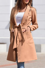 Elegant Solid Rivets Pocket Buttons Turn-back Collar Outerwear