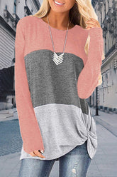 Casual Patchwork Contrast O Neck Tops