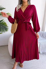 Elegant Solid Frenulum Fold V Neck Pleated Dresses