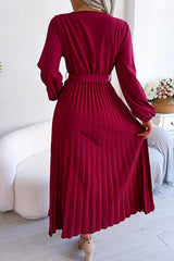 Elegant Solid Frenulum Fold V Neck Pleated Dresses