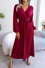 Elegant Solid Frenulum Fold V Neck Pleated Dresses