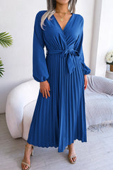 Elegant Solid Frenulum Fold V Neck Pleated Dresses