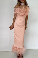 Sexy Solid Patchwork Feathers Strapless One Step Skirt Dresses(3 Colors)