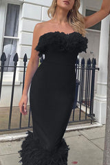Sexy Solid Patchwork Feathers Strapless One Step Skirt Dresses(3 Colors)