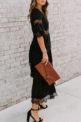 Elegant Solid Lace V Neck Cake Skirt Dresses