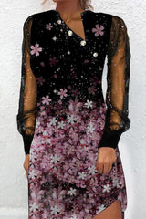 Elegant Print Patchwork Buttons Mesh V Neck Princess Dresses(6 Colors)