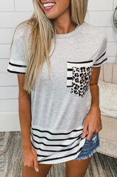 Casual Striped Leopard Patchwork Pocket T-Shirts(10 Colors)
