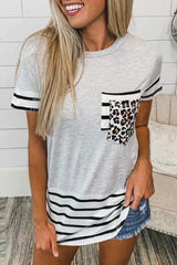 Casual Striped Leopard Patchwork Pocket T-Shirts(10 Colors)