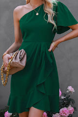 Street Simplicity Solid Flounce Oblique Collar Irregular Dress Dresses