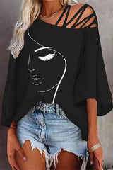 Casual Print Patchwork Oblique Collar T-Shirts